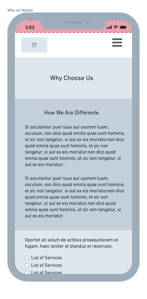 why us page mobile wireframe